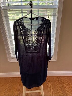 Lands' End Navy Crochet V-Neck Sheer Beach Cover-Up